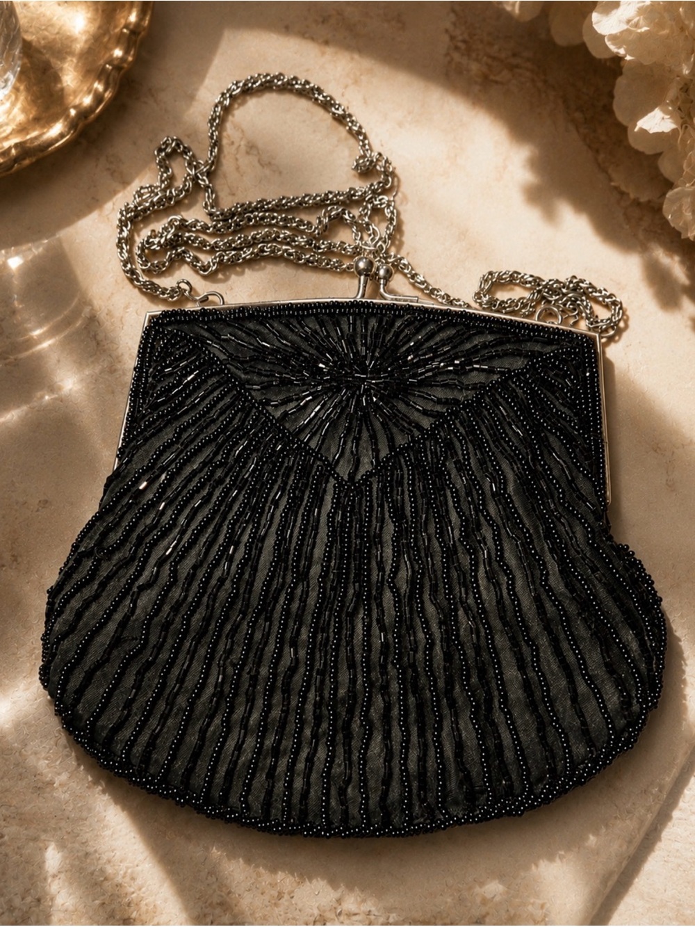 Vintage La Regale Ltd Black Beaded Evening Bag Handmade in Japan Kiss Lock Chain